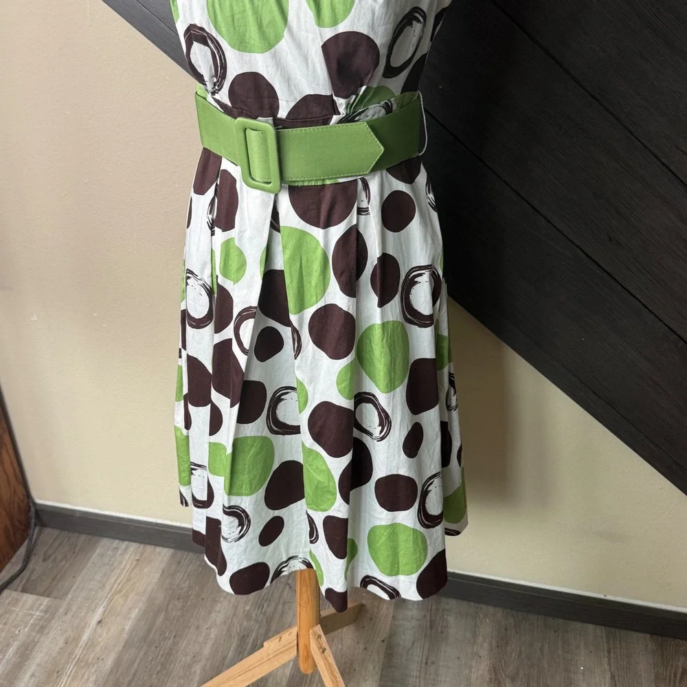 East 5th Women's Polka Dot Fit & Flare Belted Dress Size 8 Green Brown White - Picture 4 of 9